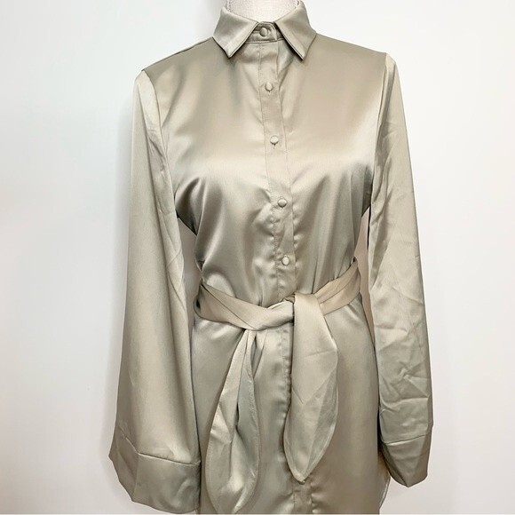 NWT Missguided Tie Waist Flare Sleeve Shirt Dress Satin Sage 4 - Picture 4 of 12